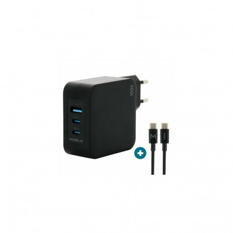 Mobilis Charger 100W 2USB C 1USBA GaN cable 100W Laptop, Smartphone, Tablet Black AC Indoor