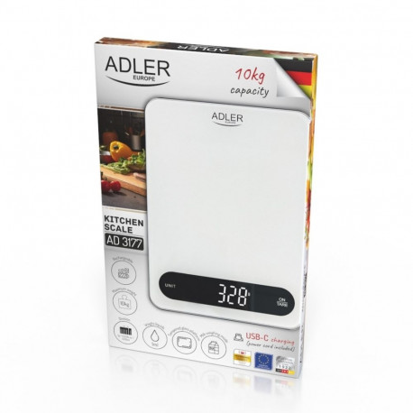 Food Scale - Adler AD 3177wb 10kg Capacity, 1g Accuracy, USB-C Charging - White, Black