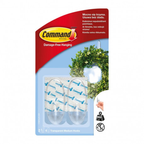 Command™ Medium Hook 17091CLR-2-SPIG, Clear, 2 Hook+4 Strip/Pack