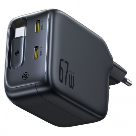 Baseus EnerCore CJ11 67W kahe USB-C pordi ja keritava USB-C kaabliga, must