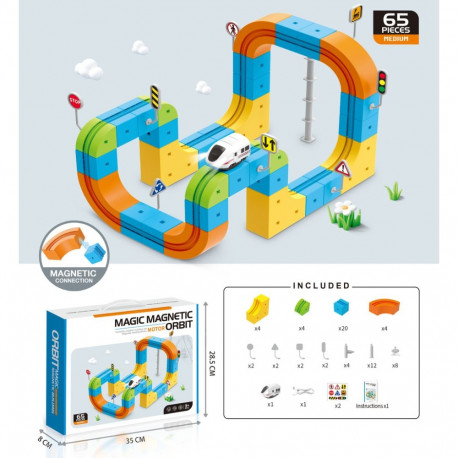 Klocki magnetyczne konstrukcyjne tor wyścigowy pociągi 65 elementów