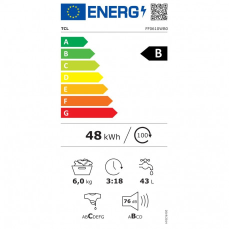 TCL Washing machine | FF0610WB0 | Energy efficiency class B | Front loading | Washing capacity 6 kg 