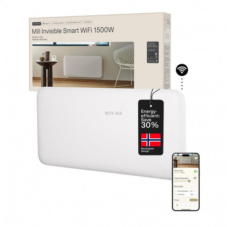 Mill paneelradiaator Invisible PA1500WIFI4 nutikas WiFi 1500W sobib ruumidele kuni 18-22m IPX4, valg