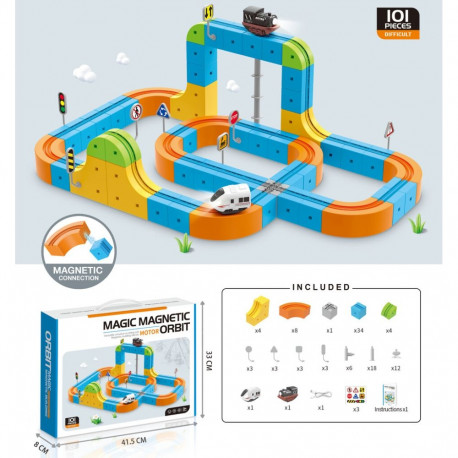 Klocki magnetyczne konstrukcyjne tor wyścigowy pociągi 101 elementów