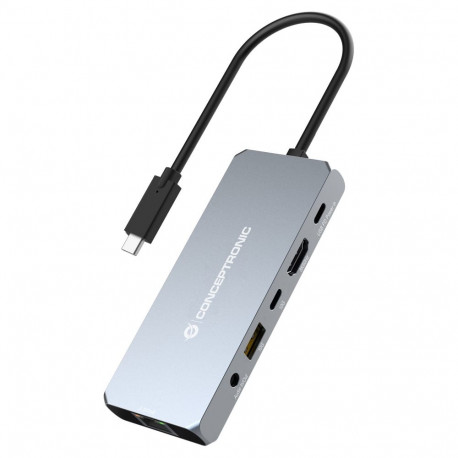 Conceptronic dokkimisjaam 6-1 USB-C->HDMI/USB-A/GbE/AUX/+ 18cm, hall