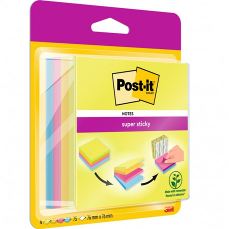 Post-it® Super Sticky Easy Select Cube, Assorted Colours, 76 mm x 76 mm, 75 Sheets/Pad, 4 Pads/Pack