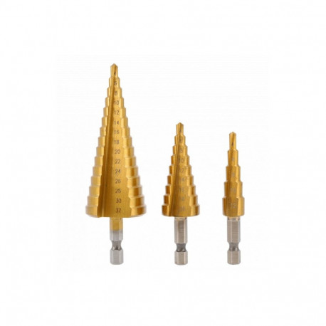 Hogert HT6D325 step drill bit set, 3 pcs, 4-32 mm, HSS, TiN coated, 1/4" hex shank, 118°