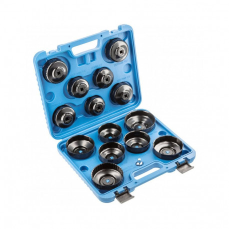 Hogert HT8G306 oil filter wrench set, 14 pcs, 65-100mm, 3/8", 1/2" adaptor, steel, case