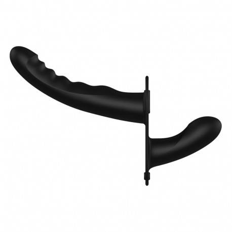 Rihmaga dildo silikoonist sooniline topeltvibreeriv laetav 10-kiiruseline reguleeritav, must