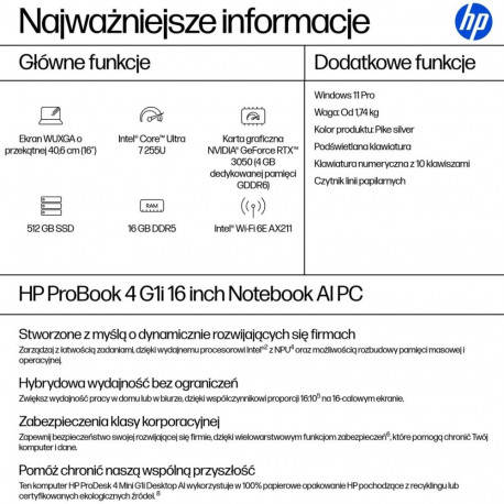 Laptop Computer - HP ProBook 4 G1i Ultra 7, 16GB DDR5, 512GB SSD, 16" WUXGA IPS, Black