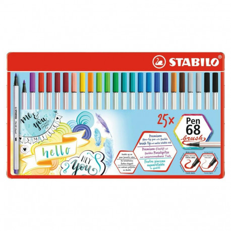 STABILO tindipliiats, Pen 68, pintselotsaga, 25 värvi, metallkarbis