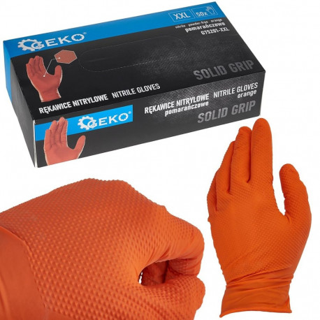 Geko Nitrile Gloves SOLID GRIP G75201-XXL, 50pcs, XXL, orange, 3D diamond texture, chlorinated and p