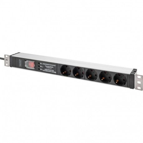19" Steckdosenleiste mit Aluminiumprofil, 5-fach, 1HE (schwarz/aluminium, 2 Meter Kabel, Schalter, Ü