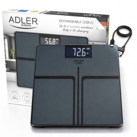 Digital Scale - Adler AD 8194s 180 kg Capacity, USB-C Rechargeable, Black