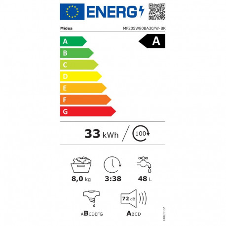Midea | Washing Machine | MF205W80BA30/W-BK | Energy efficiency class A | Front loading | Washing ca