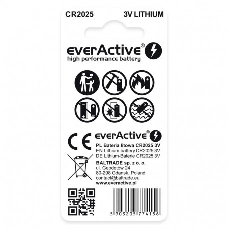 Battery - everActive CR2025 Lithium Coin Battery 2.5mm 20mm Blister 2 pcs.