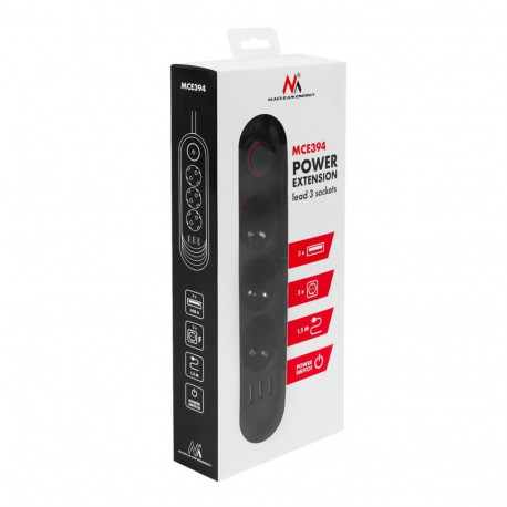 Power Extension Cord - Maclean MCE394 3-Socket 3xUSB 2500W 1.5m Black