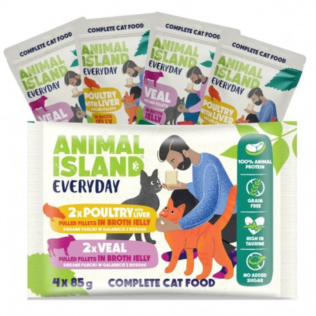 Cat Food - ANIMAL ISLAND Everyday Veal & Poultry with Liver Wet Cat Food 4 x 85g