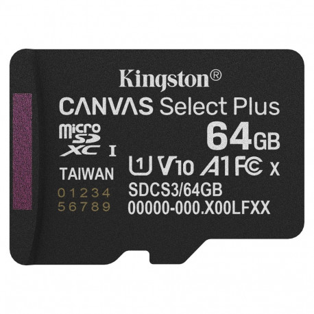 Kingston microSDXC mälukaart 64GB Canvas Select Plus Gen3 100R A1 ühepakend ilma adapterita