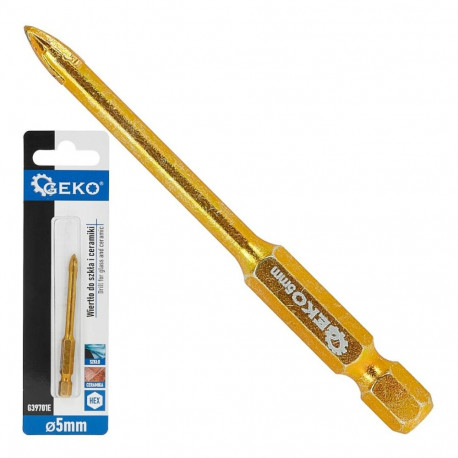 Geko klaasi ja keraamika puure G39701E, 5mm, 1/4" HEX, 4 volframi karbiidist lõikeääred, täpne geome