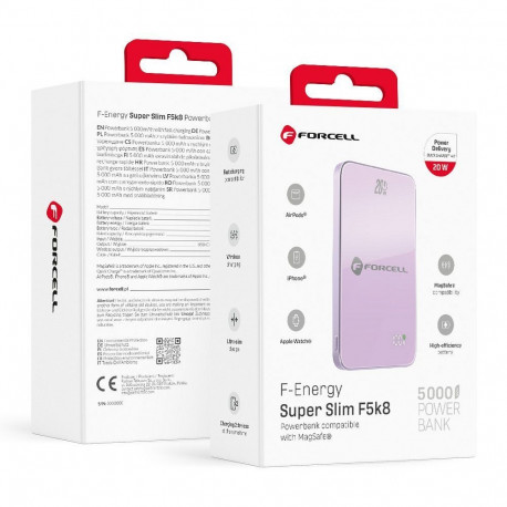 Powerbank compatible with MagSafe Forcell F-Energy SuperSlim F5K8 QC4.0 PD3.0 15W 5000 mAh purple