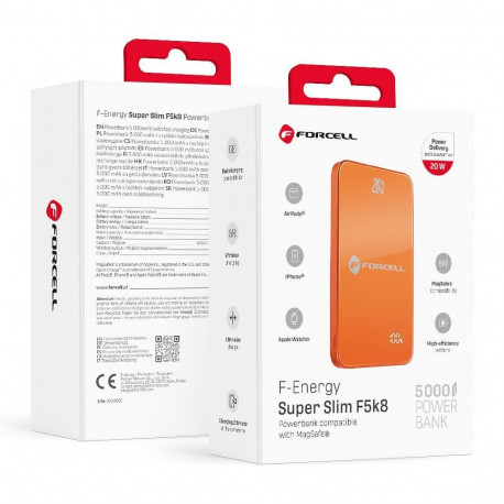 Powerbank compatible with MagSafe Forcell F-Energy SuperSlim F5K8 QC4.0 PD3.0 15W 5000 mAh orange