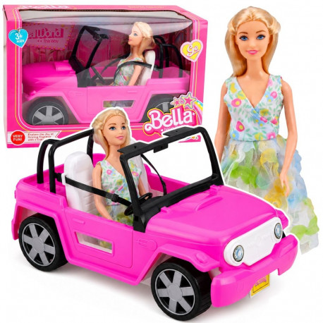 Bella nukukomplekt värvilise kleidiga kabrioletautoga, roosa