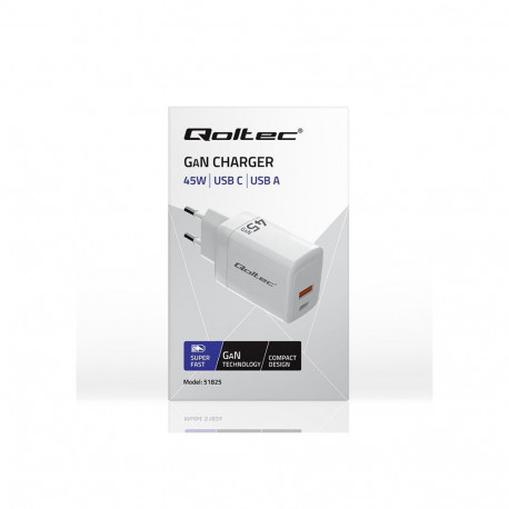 Power Adapter - Qoltec 51825 GaN 45W Charger USB-C PD, USB QC 3.0, White