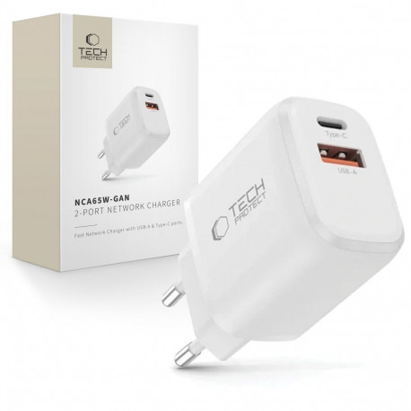 Tech-Protect laadija USB/USB-C NCA65W-GAN PD 65W QC3.0, valge