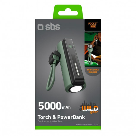 Power bank 5000 mAh torch, Type-C Cable outdoor, By SBS Black