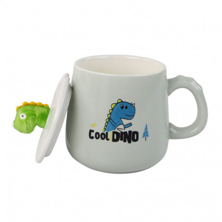Kubek Ceramiczny Dinozaur Niebieski Przykrywka Łyżeczka 350ml