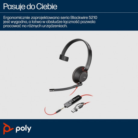 HP Poly ühekõrvaline peakomplekt Blackwire 5210 USB-C 3.5mm pistik USB-C/A adapter
