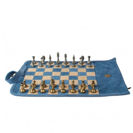 Travel Chess Set - Manopoulos Handmade 30x46cm Suede Leather Board With Metal Pieces Blue