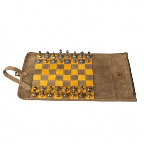 Handcrafted Chess Set - Manopoulos Travel-Sized With Suede Board 30x46cm Chaki