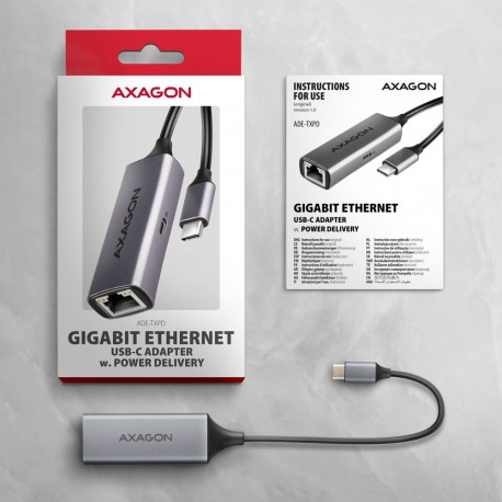 AXAGON USB-C adapter ADE-TXPD USB3.2 Gen 1 - Gigabit Ethernet + PD 100W Switchiga ühilduv, hall