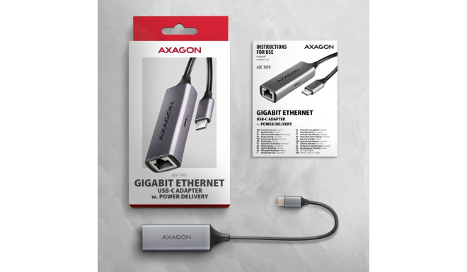 AXAGON USB-C adapter ADE-TXPD USB3.2 Gen 1 - Gigabit Ethernet + PD 100W Switchiga ühilduv, hall
