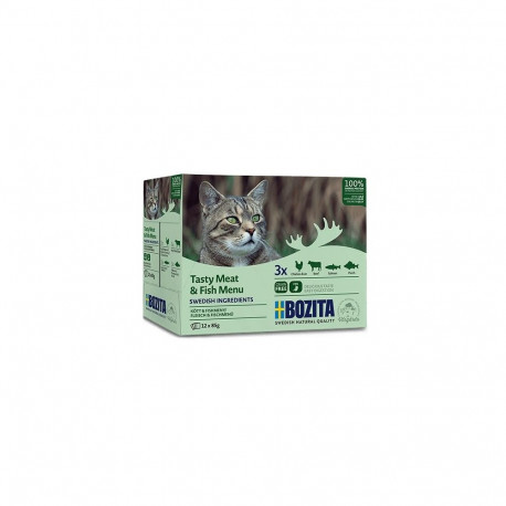 BOZITA märgtoit kassidele maitsev liha- ja kalamenüü želees karbis 12x85g