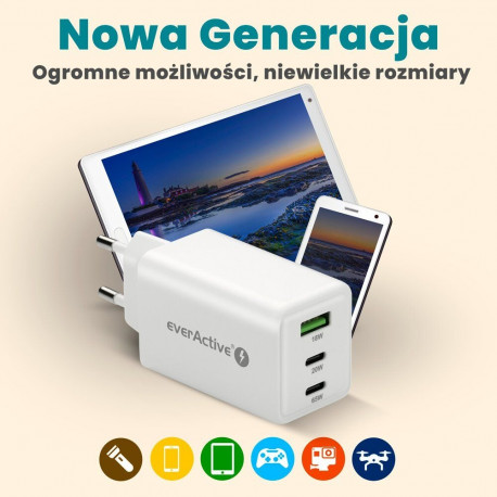 Charger - everActive GaN 65W 1 USB, 2 USB-C Quick Charge 4+ White