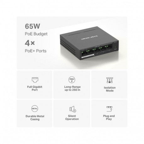 Networking Switch - Mercusys MS105GP 5-Port Gigabit Ethernet, 4 PoE+ Ports