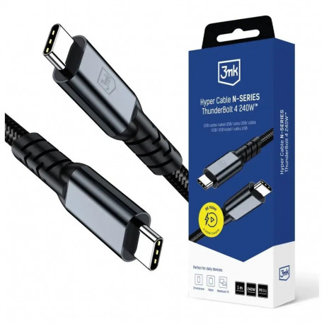 3MK Hyper N-SERIES andmeedastus- ja laadimiskaabel | USB-C kuni USB-C | 240W | Thunderbolt 4 | 1m | 
