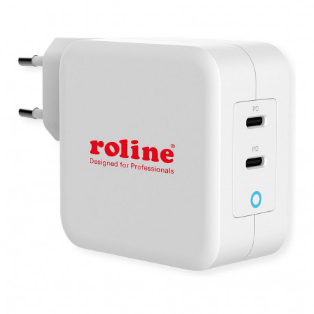"ROLINE USB Charger mit Euro-Stecker, 2 Port Typ-C (PD), GaN, 100W"