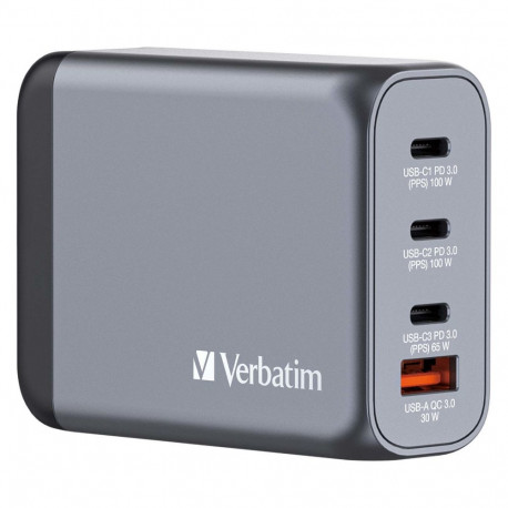 "Verbatim GaN-Ladegert 100W, 1x USB-A , 3x USB-C (grau, PD 3.0, QC 3.0)"