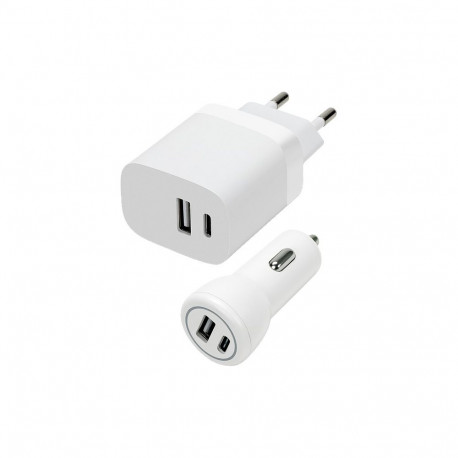 Wall & Car Charger Set USB-A & USB-C 15W, white
