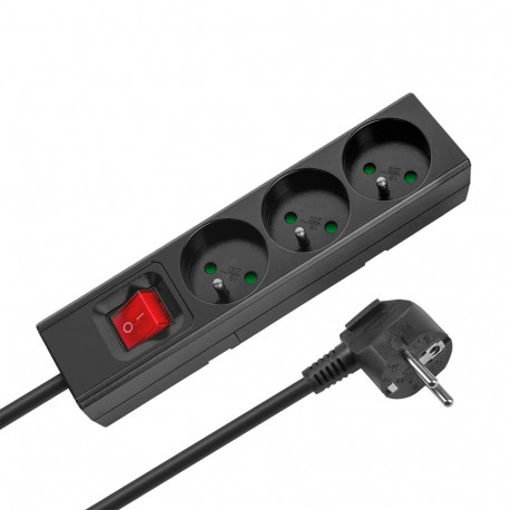 Przedłużacz 3 gniazda 1,5m typu francuskiego z przełącznikiem (3x1,0mm) Rebel czarny