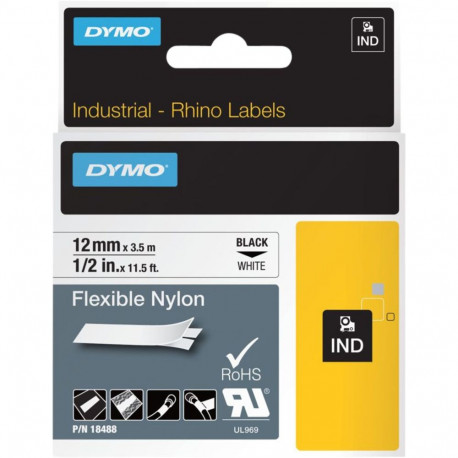 Tape DYMO Rhino 12mm x 3.5m, nylon, black on white / S0718100 18488