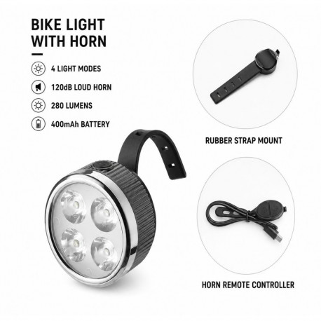 iLike Rechargeable Bike Headlight with 120dB Horn, 280 Lumens, 4 Light Modes, USB Rechargeable, Wire