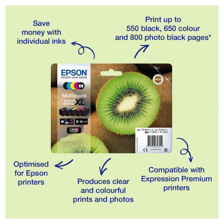 "Epson Original Easy Mail Packing 202 Kiwi Druckerpatronen 5er Multipack BK/PB/C/M/Y (C13T02E74510)"