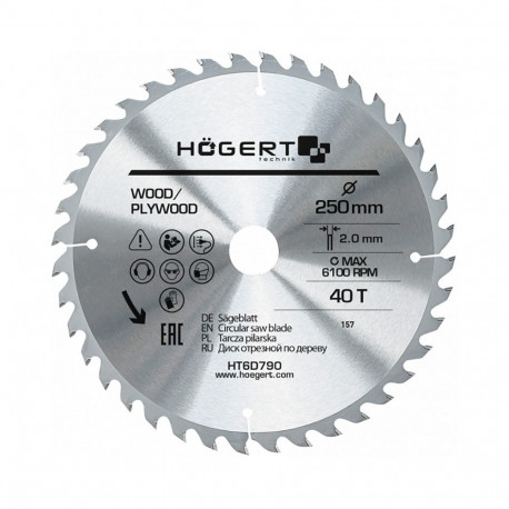 Hogert TCT saeleht HT6D790, 250mm, 40 hammast, 30mm, 2mm, Mangaaniteras, 6100 RPM, ATB, vähenenud ku