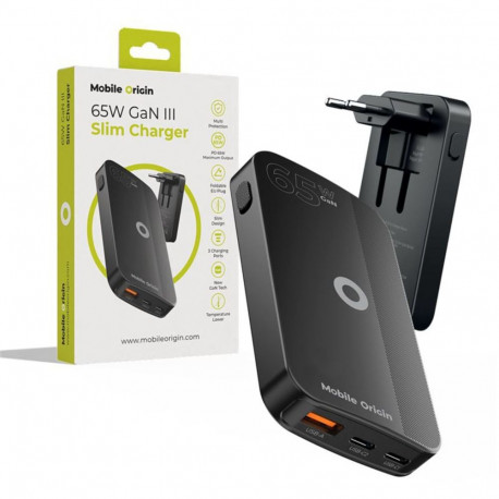 Mobile Origin laadija 65W GaN õhuke kahe USB-C ja ühe USB-A pordiga, must