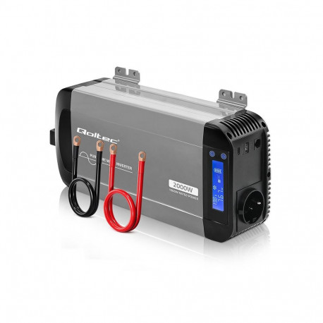 Qoltec pingeinverter puhas siinuslaine 12V–230V 1000/2000W LCD USB USB-C, ühilduv LiFePO4, GEL ja AG